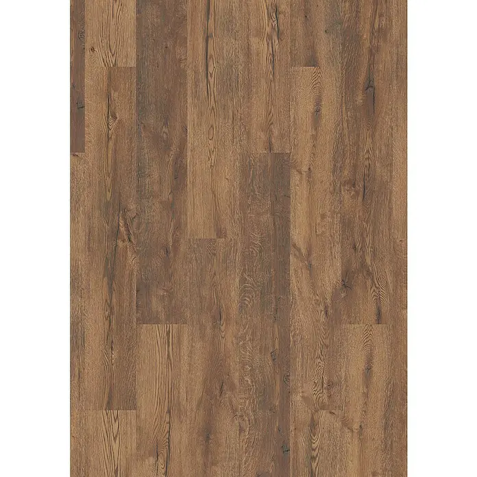 LOGOCLIC Ambienta Laminat - Eiche Mirandola, Landhausdiele, 1.288 x 195 x 10 mm - Detailaufnahme eines Bodens mit Laminat in dunkler Holzoptik. Das Muster verleiht dem Laminat ein authentisches, rustikales Aussehen.