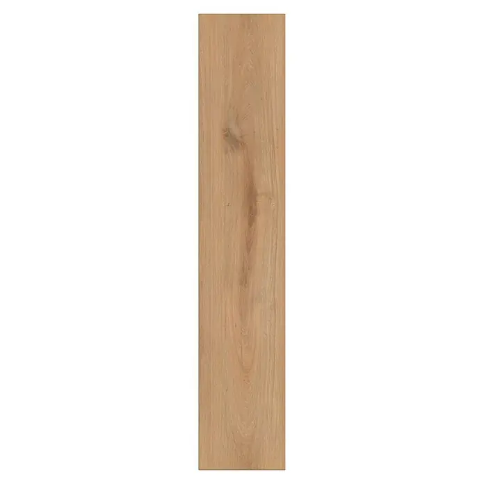 LOGOCLIC Aquaprotect Laminat - Sunset Oak, Landhausdiele, 1.288 x 195 x 8 mm - Nahaufnahme einer einzelnen Diele aus hellem, natürlichem Holzbodenbelag mit subtiler Maserung und Farbvariationen.