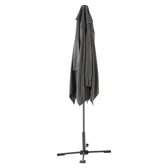 Sunfun Marktschirm Livorno - Anthrazit, Bespannungsmaß (L x B): 200 x 250 cm - Ein grauer, zusammengefalteter Sonnenschirm mit stabilem Ständer, ideal für den Einsatz im Freien und als Schattenspender an heißen Tagen.