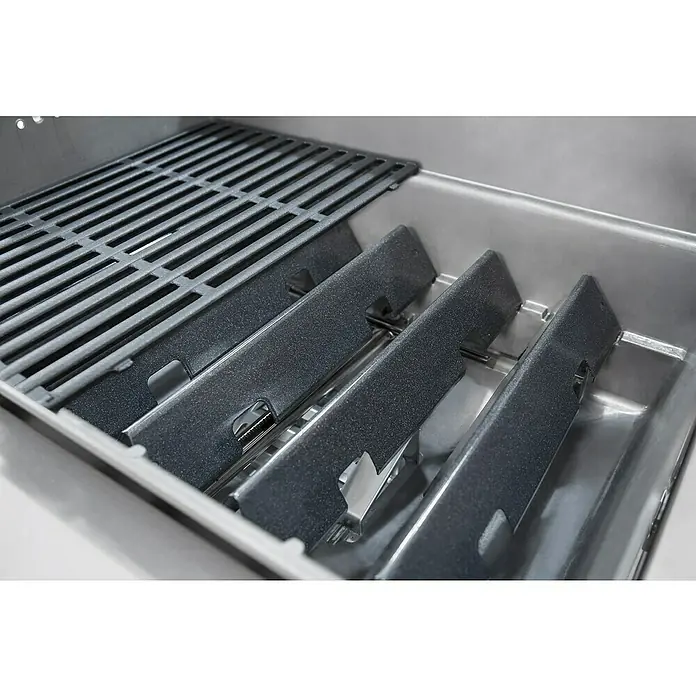Weber Barbacoa de gas Spirit II E-310 + 7 accesorios - Superficie de la parrilla (An x Pr): 60 x 46 cm, 8,7 kW, Número de quemadores: 3 - Primer plano de una parrilla con placas de calor que aseguran una distribución uniforme del calor. Diseño para resultados óptimos al asar.