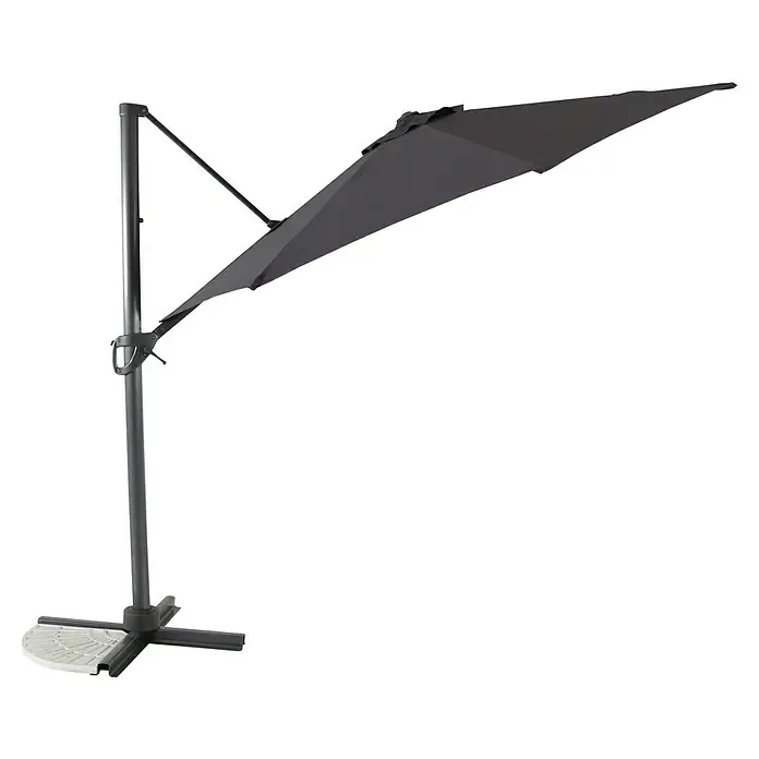 Sunfun Parasol de jardín Ligurien - Antracita, Diámetro de cobertura: 300 cm - Imagen de una sombrilla voladiza gris independiente con estructura metálica robusta y base para jardín o patio.