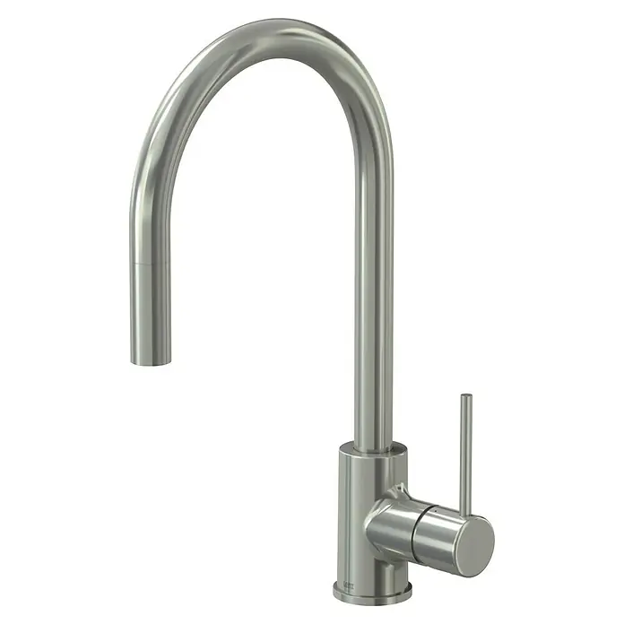 Lenz Spültischarmatur Lio - Nickel, Matt - Nahaufnahme eines stilvollen, gebürsteten Edelstahlwasserhahns mit elegantem, geschwungenem Auslauf und einem schlanken Hebel zur einfachen Bedienung.