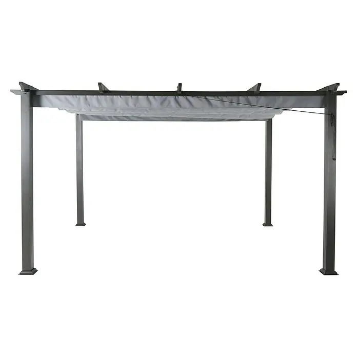 Sunfun Raffpavillon Kreta - B x T: 418 x 333 cm, Farbe Dach: Hellgrau - Ein modernes graues Gartenpavillon mit verschiebbarer Stoffdachkonstruktion, ideal für Schatten und Entspannung im Freien.