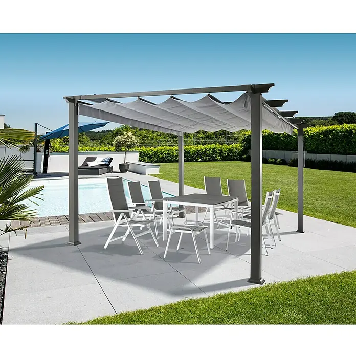 Sunfun Techo de repuesto - Específico para: Sunfun Pérgola con toldo corredero Kreta - Una pérgola gris con techo de tela sobre una mesa de comedor con sillas grises, al aire libre.