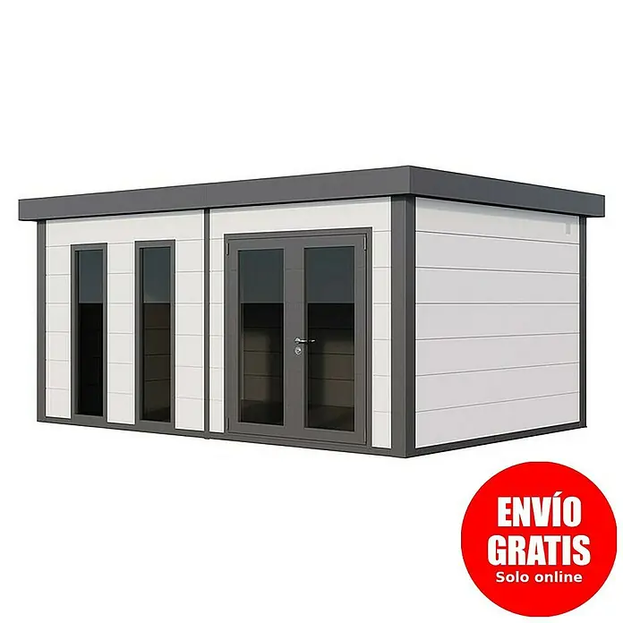 Telluria Caseta de jardín Luminato 5436+ - Medidas ext. (An x Pr): 568 x 388 cm, Blanco/Antracita, Acero, Sin set - Imagen de una caseta de jardín moderna con marcos grises y paneles blancos, con dos ventanas y una puerta doble.