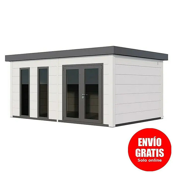 Telluria Caseta de jardín Luminato 5436+ - Medidas ext. (An x Pr): 568 x 388 cm, Blanco, Acero, Sin set - Imagen de una caseta de jardín moderna con techo plano, paredes blancas y detalles grises. La caseta tiene ventanas y una puerta doble.