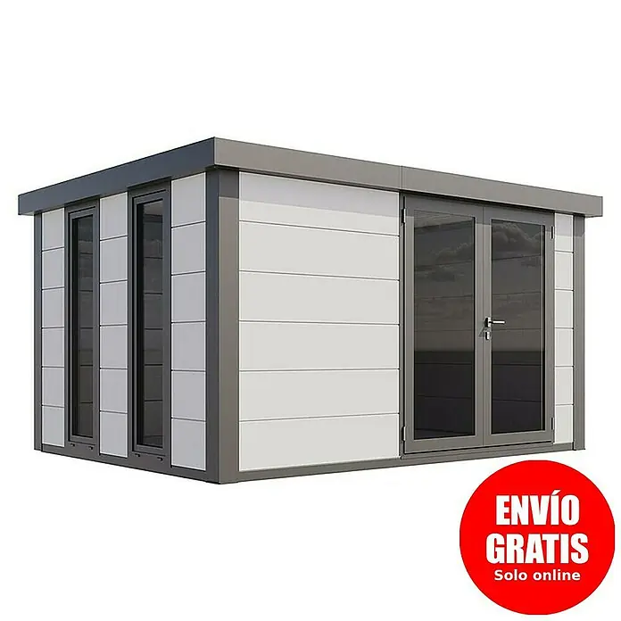 Telluria Caseta de jardín Luminato 3930 - Medidas ext. (An x Pr): 408 x 318 cm, Acero, Blanco/Antracita, Sin set - Imagen de una caseta de jardín moderna con marco gris y paneles blancos.