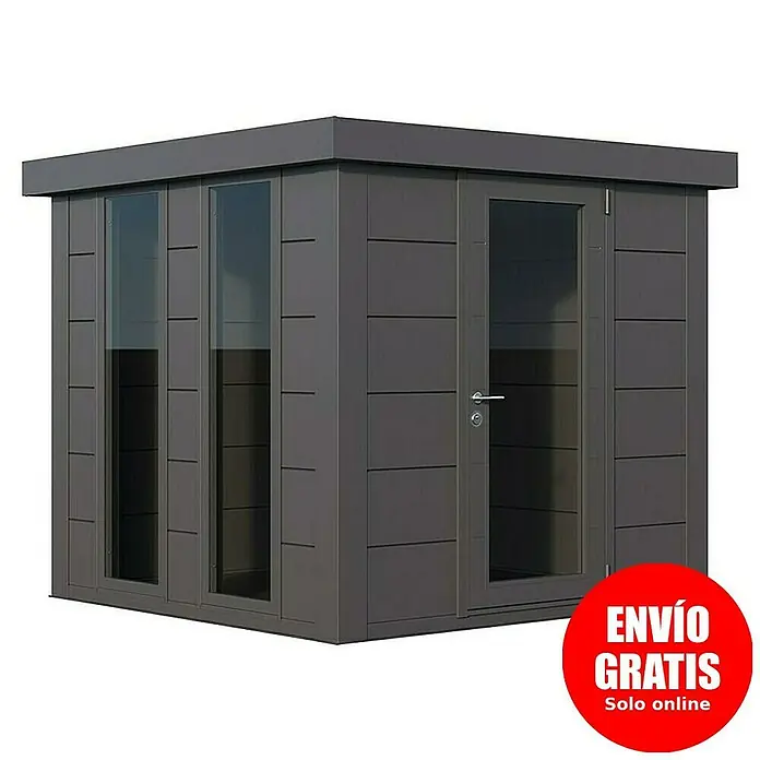 Telluria Caseta de jardín Luminato 2424 - Medidas ext. (An x Pr): 258 x 258 cm, Acero, Antracita, Sin set - Imagen de una caseta de jardín moderna antracita con puertas y ventanas de cristal, un espacio de vida al aire libre elegante.