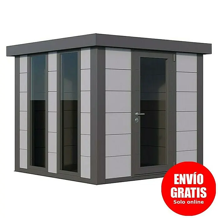 Telluria Caseta de jardín Luminato 2424 - Medidas ext. (An x Pr): 258 x 258 cm, Acero, Gris claro/Antracita, Sin set - Imagen de una caseta de jardín moderna con marco gris, ventanas de cristal y una puerta. Perfecto para el jardín o como espacio de almacenamiento.