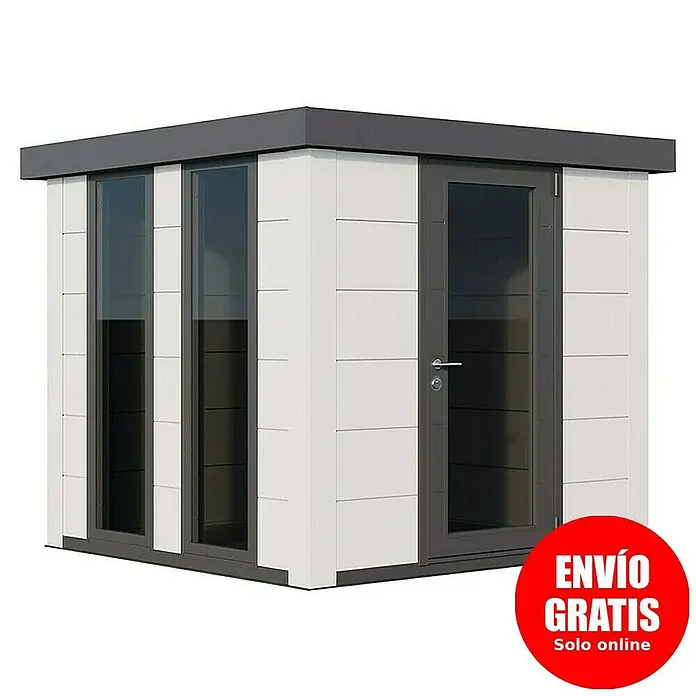 Telluria Caseta de jardín Luminato 2424 - Medidas ext. (An x Pr): 258 x 258 cm, Acero, Blanco, Sin set - Imagen de una caseta de jardín moderna con marcos grises y paneles blancos.