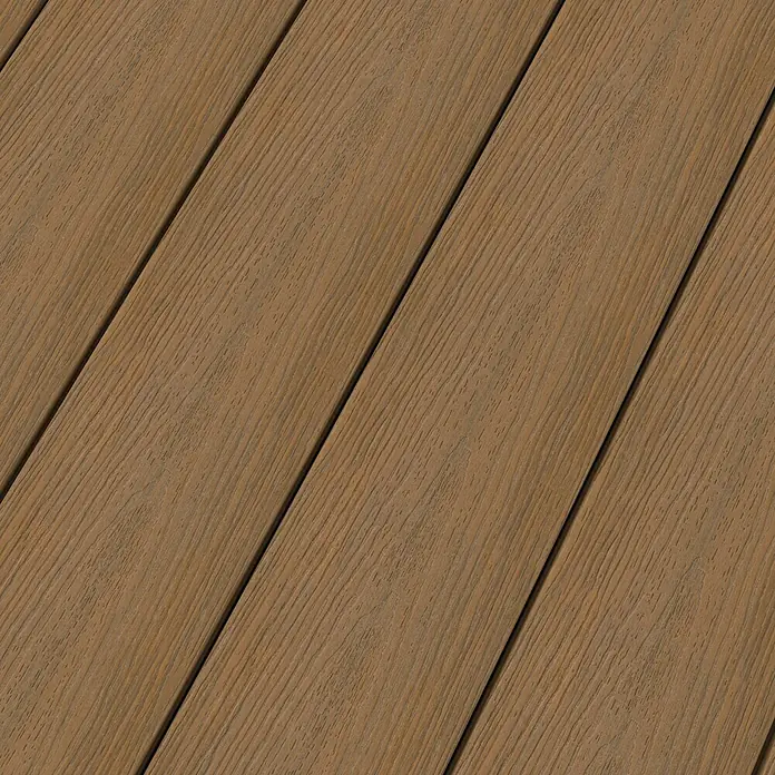 b!design WPC-Terrassendiele - 300 x 14,5 x 2,5 cm, Teak - Nahaufnahme von Terrassendielen mit einer feinen Holzmaserung in einem warmen Braunton, ideal für den Außenbereich.