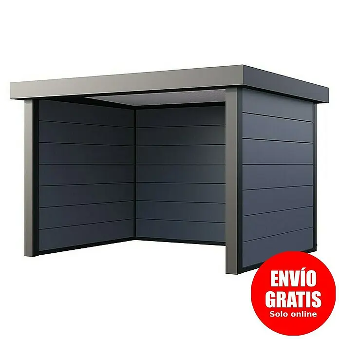 Telluria Pérgola estándar Singolo 3630 - Medidas ext. (An x Pr): 388 x 328 cm, Acero, Gris claro/Antracita, Sin set - Imagen de un cobertizo de herramientas moderno antracita con techo plano. Ofrece espacio de almacenamiento al aire libre y se integra bien en jardines.