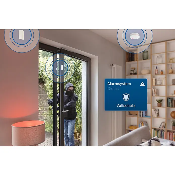Bosch Smart Home Funk-Fensterkontakt II [+M] Matter - Weiß, Batteriebetrieben, 23 x 22 x 75 mm, 3 Stk. - Alarmsystem Dienst: Einbrecher öffnet eine Tür, die mit einem Alarmsensor ausgestattet ist, während das System auf Vollschutz eingestellt ist.