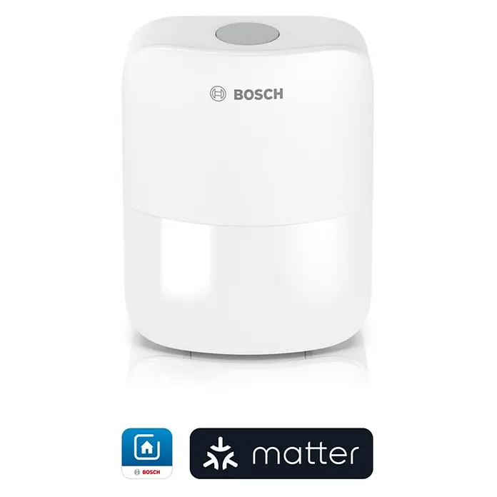 Bosch Smart Home Bewegungsmelder II [+M] Matter - weiß - Abbildung eines Bosch Smart Home Geräts in Weiß, mit Logos für Bosch und Matter. Kompaktes Design, ideal für moderne Wohnräume.