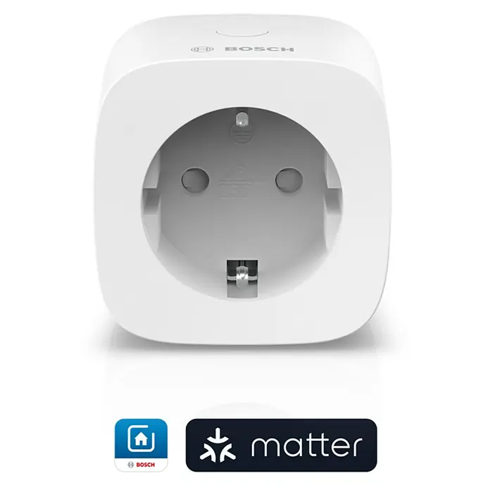 Bosch Smart Home Smart-Steckdose Kompakt [+M] Matter - Innen, IP20, Weiß, 3.680 W, 1 Stk. - Darstellung einer smarten Bosch Steckdose, kompatibel mit Matter, in weißem Design für den europäischen Markt.