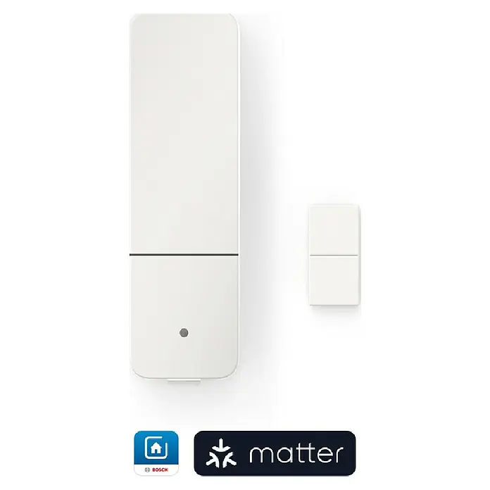 Bosch Smart Home Funk-Fensterkontakt II [+M] Matter - Weiß, Batteriebetrieben, 23 x 22 x 75 mm, 3 Stk. - Das Bild zeigt einen intelligenten Bosch-Fensterkontakt mit Matter-Logo, ein Gerät zur Überwachung von Fenster- und Türöffnungen.