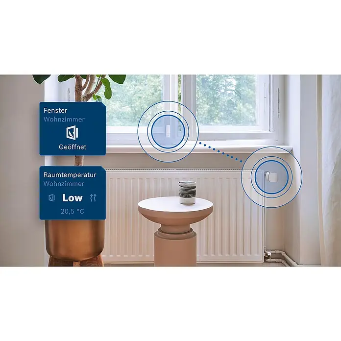 Bosch Smart Home Funk-Fensterkontakt II [+M] Matter - Weiß, Batteriebetrieben, 23 x 22 x 75 mm, 3 Stk. - Intelligentes Home-System mit geöffnetem Fenster und niedriger Raumtemperatur, angezeigt auf blauem Bildschirm, zur Überwachung von Temperatur und Fenstern.