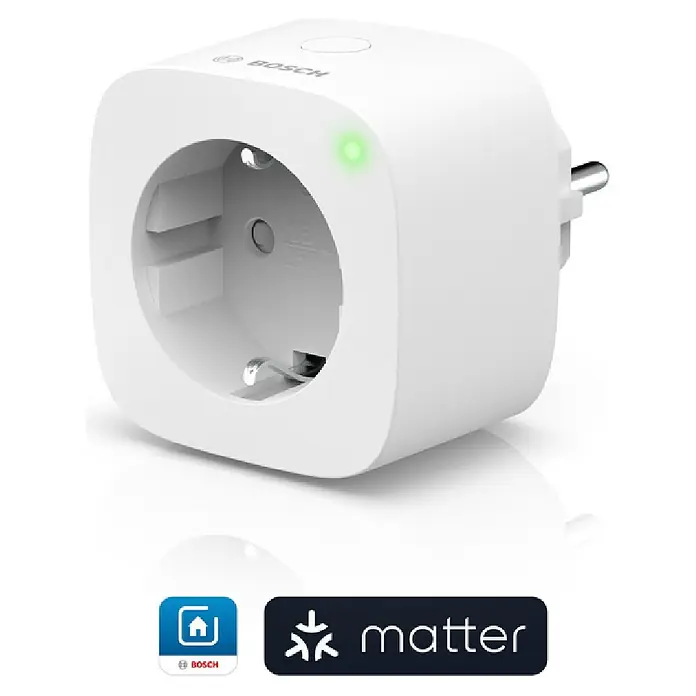 Bosch Smart Home Smart-Steckdose Kompakt [+M] Matter - Innen, IP20, Weiß, 3.680 W, 1 Stk. - Intelligenter Bosch-Zwischenstecker mit Matter-Unterstützung, für die Hausautomation. Bequeme Steuerung von Geräten über App oder Sprachassistent.