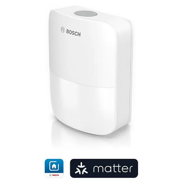 Bosch Smart Home Bewegungsmelder II [+M] Matter - weiß - Abbildung eines weißen Bosch Smart Home Geräts mit Matter-Logo, das eine einfache Integration in Smart-Home-Systeme ermöglicht.