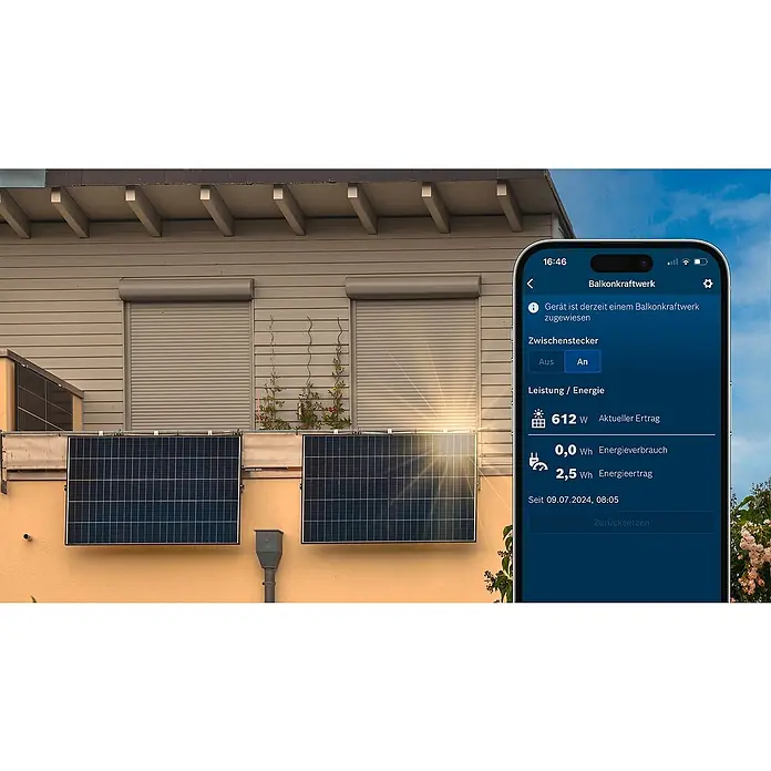 Bosch Smart Home Smart-Steckdose Kompakt [+M] Matter - Innen, IP20, Weiß, 3.680 W, 1 Stk. - Balkonkraftwerk-App zeigt aktuelle Ertragsdaten (612W) und Energieverbrauch (0,0Wh) eines Balkonkraftwerks auf einem Smartphone.