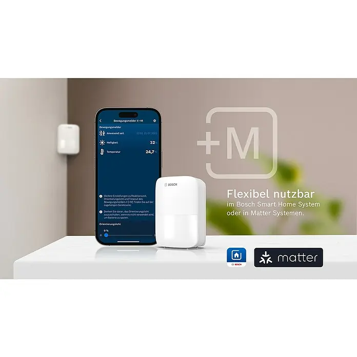 Bosch Smart Home Bewegungsmelder II [+M] Matter - weiß - Das Bild zeigt einen Bosch Bewegungsmelder II +M, der flexible Nutzung im Smart Home System ermöglicht.