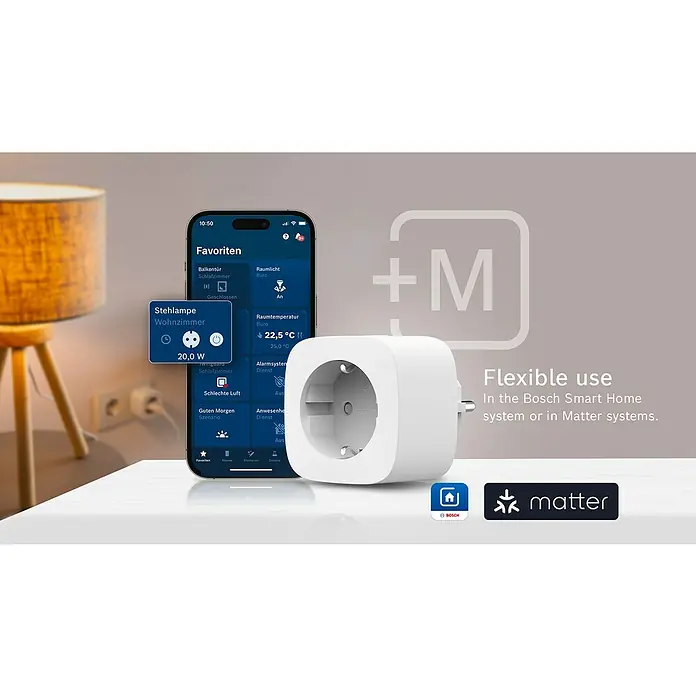 Bosch Smart Home Smart-Steckdose Kompakt [+M] Matter - Innen, IP20, Weiß, 3.680 W, 1 Stk. - Intelligenter Bosch-Zwischenstecker mit Smartphone-App zur Steuerung von Lampen und Geräten, kompatibel mit Matter für flexible Nutzung.