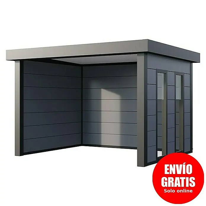Telluria Pérgola estándar Singolo 3630 con ventanas - Medidas ext. (An x Pr): 388 x 328 cm, Acero, Gris claro/Antracita, Sin set - Imagen del producto de un cobertizo de jardín gris moderno con ventana y espacio de almacenamiento cerrado.