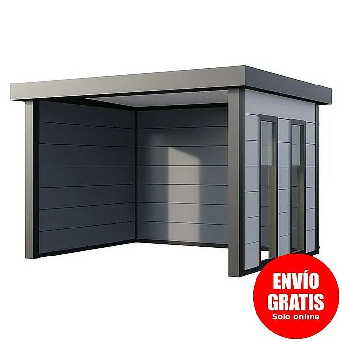 Telluria Pérgola estándar Singolo 3630 con ventanas - Medidas ext. (An x Pr): 388 x 328 cm, Acero, Blanco/Antracita, Sin set - Imagen de una caseta de jardín moderna gris con techo plano y puertas correderas. Perfecta para el jardín o como refugio.