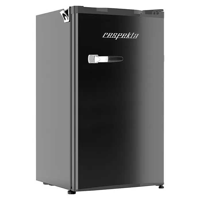 Respekta Vollraumkühlschrank Rico - Nutzinhalt Gesamt: 92 l, 44,7 x 47,4 x 83,1 cm, Schwarz - Produktansicht des schwarzen Retro-Kühlschranks von Respekta mit chromfarbenem Griff und Flaschenöffner für einen nostalgischen Look.