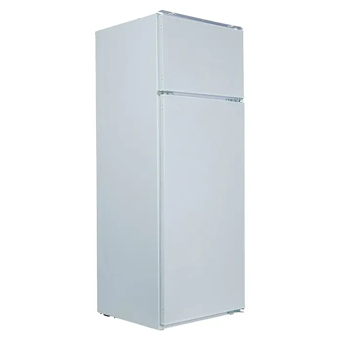 Respekta Kühl-Gefrierkombination Moray für Einbau - 54 x 54 x 144 cm, Weiß, Nutzinhalt Gesamt: 220 l - Hier ist ein freistehender, weißer Kühl-/Gefrierschrank mit zwei Türen, die übereinander angeordnet sind und oben ein Gefrierfach haben.