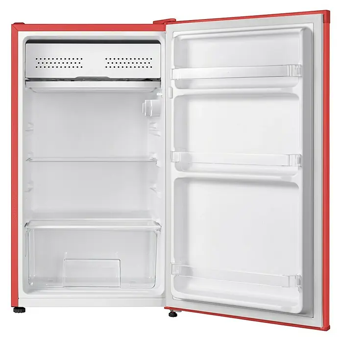 Respekta Vollraumkühlschrank Rico - Nutzinhalt Gesamt: 92 l, 44,7 x 47,4 x 83,1 cm, Rot - Offener, roter Kühlschrank mit weißen Innenfächern und Ablagen. Ideal für kleine Küchen oder als Minibar, bietet kompakte Kühlung.