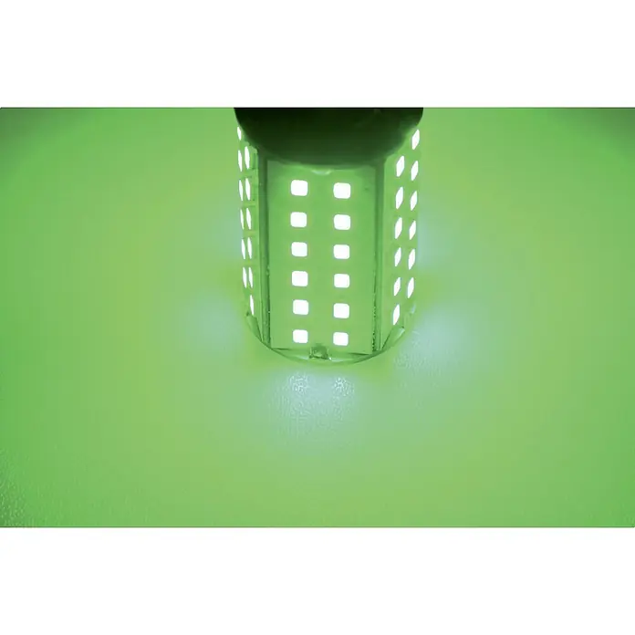 Talamex LED-Navigationsleuchtmittel für Boote - 4,8 W, 10 V - 30 V, Lichtfarbe: Grün - Nahaufnahme einer grünen LED-Lampe, die ein helles, grünes Licht ausstrahlt und eine moderne Beleuchtungslösung darstellt.