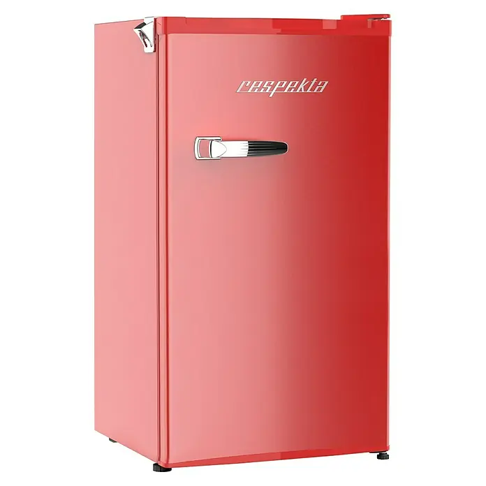 Respekta Vollraumkühlschrank Rico - Nutzinhalt Gesamt: 92 l, 44,7 x 47,4 x 83,1 cm, Rot - Ein roter Respekta Kühlschrank im Retro-Design mit einem verchromten Griff und dem Respekta-Logo auf der Tür. Kompakter und stylischer Kühlschrank.