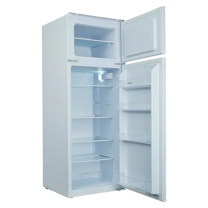 Respekta Kühl-Gefrierkombination Moray für Einbau - 54 x 54 x 144 cm, Weiß, Nutzinhalt Gesamt: 220 l - Ein freistehender weißer Aspect Kühlschrank mit Gefrierfach und geöffneten Türen, der seine Regale und Fächer zeigt. Ideal für jede moderne Küche.