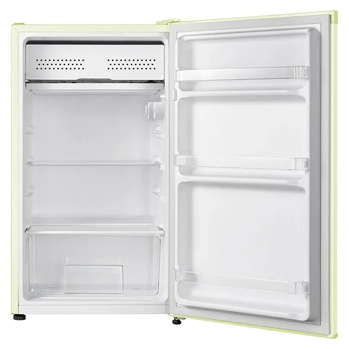 Respekta Vollraumkühlschrank Rico - Nutzinhalt Gesamt: 92 l, 44,7 x 47,4 x 83,1 cm, Cream - Ein offener Kühlschrank mit Regalen und Ablagefächern. Das Innere des Kühlschranks ist leer und sauber.
