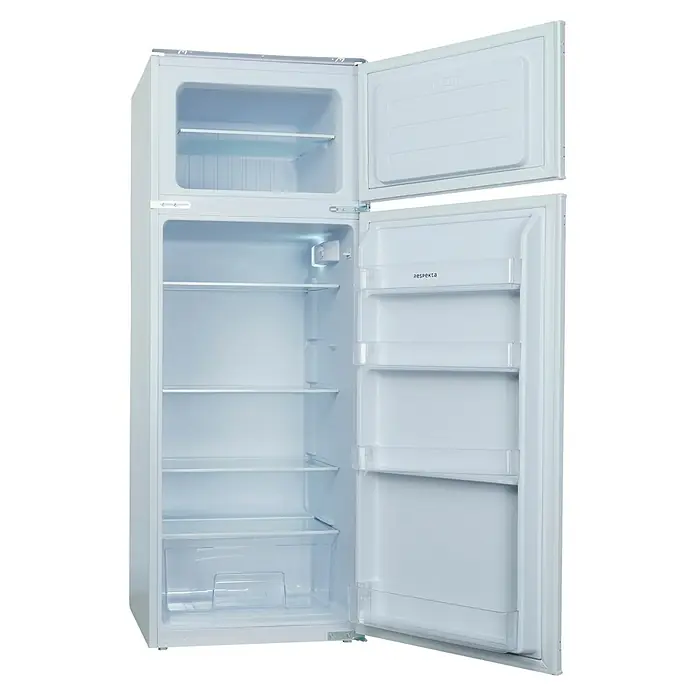 Respekta Kühl-Gefrierkombination Moray für Einbau - 54 x 54 x 144 cm, Weiß, Nutzinhalt Gesamt: 220 l - Ein offener, weißer Aspecta-Kühlschrank mit Gefrierfach. Das Innere ist geräumig und verfügt über mehrere Regale und Fächer für die Lagerung von Lebensmitteln.