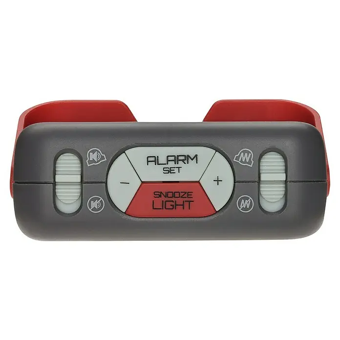 TFA Dostmann Quarzwecker 60.2031.10 lauter Weckton - Digitales Display, Batteriebetrieben, Grau, Rot, 7,9 x 2,8 x 7,4 cm - Nahaufnahme eines grauen Reiseweckers mit roten Akzenten, der Knöpfe zur Einstellung des Alarms und eine Snooze-Funktion bietet.