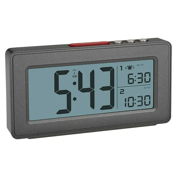TFA Dostmann Funkwecker 60.2563.10 - Digitales Display, Batteriebetrieben, Anthrazit, 12,4 x 2,6 x 6,4 cm - Das digitale Funkwecker-Modell mit präziser Zeitanzeige und zwei einstellbaren Weckzeiten für einen optimalen Start in den Tag.