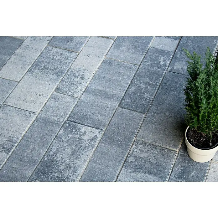 EHL Pflasterstein Tala Kombi - 125 x 83 x 8 cm, Weiß-Anthrazit, Beton, Gesamtstückzahl: 18 Stk. - Betonpflastersteine in Grau, verlegt in einem diagonalen Muster, ergänzt durch einen Topf mit grüner Pflanze. Moderne Gartengestaltung für Außenbereiche.