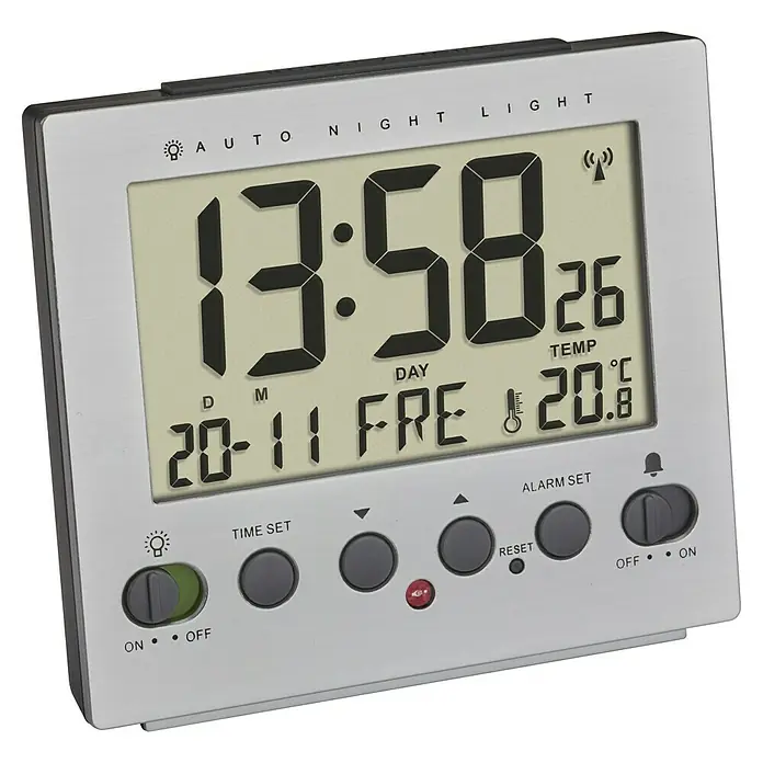 TFA Dostmann Funkwecker 60.2561.55 - Digitales Display, Batteriebetrieben, Silber, 9,9 x 4,2 x 9 cm - Silberner Digitalwecker mit Anzeige von Uhrzeit, Datum, Temperatur und verschiedenen Funktionen wie Nachtlicht und Alarmeinstellung.