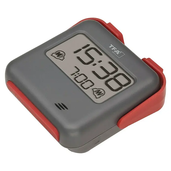 TFA Dostmann Quarzwecker 60.2031.10 lauter Weckton - Digitales Display, Batteriebetrieben, Grau, Rot, 7,9 x 2,8 x 7,4 cm - Grauer digitaler Küchentimer mit rotem Rahmen und einer Anzeige von 15:38.