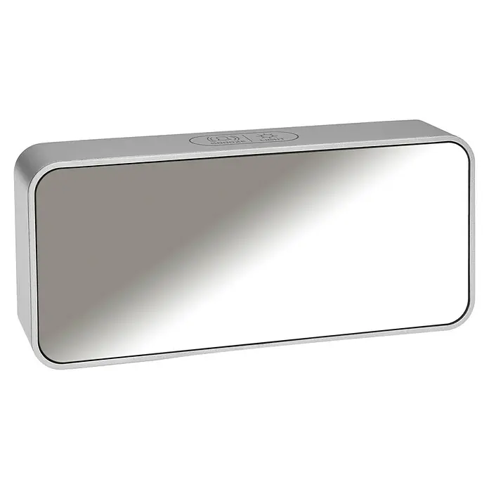 TFA Dostmann Quarzwecker 60.2032.54 - Digitales Display, Akkubetrieben, Silber, 14,5 x 3,2 x 6,5 cm - Silberner Wecker mit verspiegelter Oberfläche und abgerundeten Ecken. Oben befinden sich Tasten für Snooze und Lichtfunktion.