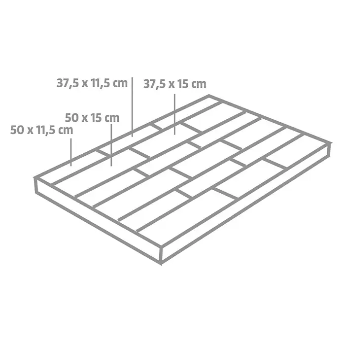 EHL Pflasterstein Tala Kombi - 125 x 83 x 8 cm, Weiß-Anthrazit, Beton, Gesamtstückzahl: 18 Stk. - Eine isometrische Darstellung einer Holzpalette mit verschiedenen Abmessungen der einzelnen Holzbretter.