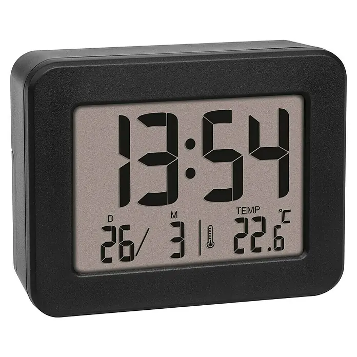TFA Dostmann Quarzwecker 60.2044.01 Quarz - Digitales Display, Batteriebetrieben, Schwarz, 7,2 x 2,5 x 5,6 cm - Schwarzer Digitalwecker mit Anzeige von Uhrzeit 13:54, Datum 26/3 und Temperatur 22.6°C für Nachttisch oder Schreibtisch.