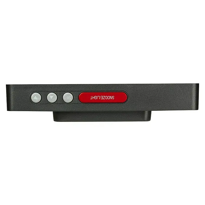 TFA Dostmann Funkwecker 60.2563.10 - Digitales Display, Batteriebetrieben, Anthrazit, 12,4 x 2,6 x 6,4 cm - Nahaufnahme der Bedienelemente eines elektronischen Geräts mit runden Tasten und einer roten Snooze/Light-Taste.