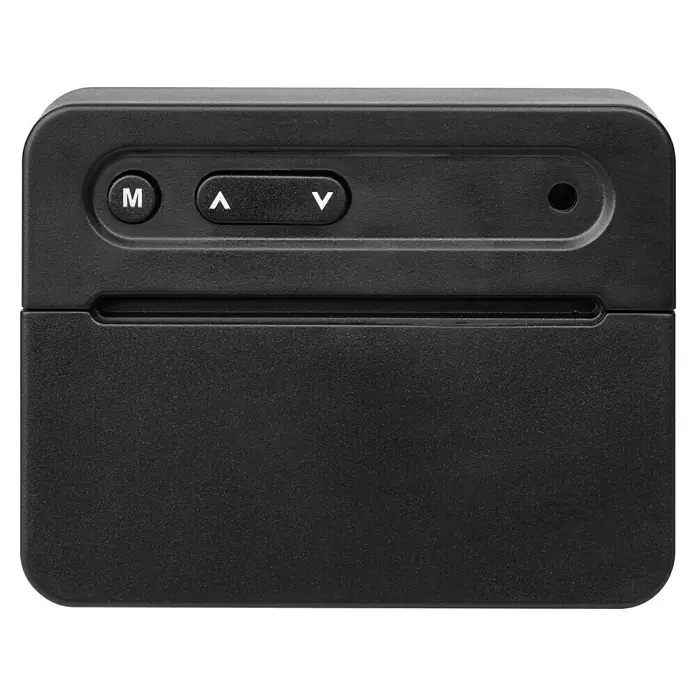 TFA Dostmann Quarzwecker 60.2044.01 Quarz - Digitales Display, Batteriebetrieben, Schwarz, 7,2 x 2,5 x 5,6 cm - Schwarzes, rechteckiges Gerät mit drei Tasten (M, Pfeil hoch, Pfeil runter) und einer kleinen runden Öffnung.