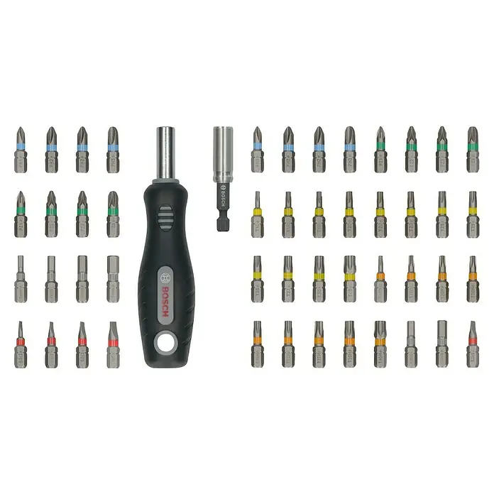 Bosch Schrauberbit-Set Extra Hard - Bitlänge: 25 mm, 50 -tlg. - Bild eines Bosch Schraubendrehersets mit diversen Bits in verschiedenen Größen und Formen, ideal für Heimwerker und Profis.