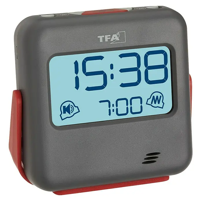 TFA Dostmann Quarzwecker 60.2031.10 lauter Weckton - Digitales Display, Batteriebetrieben, Grau, Rot, 7,9 x 2,8 x 7,4 cm - Digitaler Wecker von TFA mit grauer Oberfläche, rotem Rahmen und blauer Anzeige mit Uhrzeit und Alarmzeit.