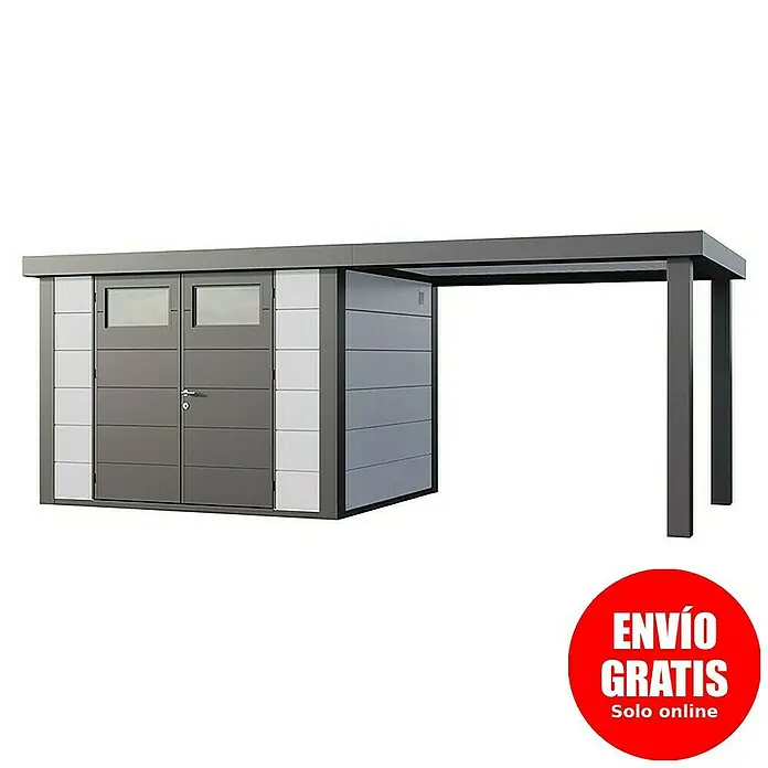 Telluria Caseta para jardín Classico 3024 con salón abierto a la derecha - Medidas ext. (An x Pr): 602 x 258 cm, Acero, Blanco/Antracita, Sin set - Imagen de una caseta de jardín moderna con extensión, ideal para guardar herramientas de jardinería y como refugio.