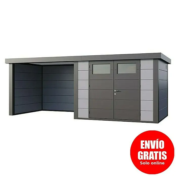 Telluria Caseta para jardín Classico 3024 con salón a la izquierda - Medidas ext. (An x Pr): 602 x 258 cm, Acero, Gris claro/Antracita, Sin set - Una caseta de jardín metálica moderna con un carport integrado, ideal para el almacenamiento y la protección.